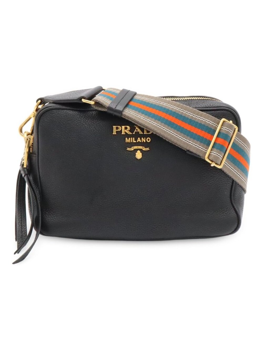 Prada Vitello Daino Logo Shoulder Bag Striped 2-Way Clutch Leather Nero Black
